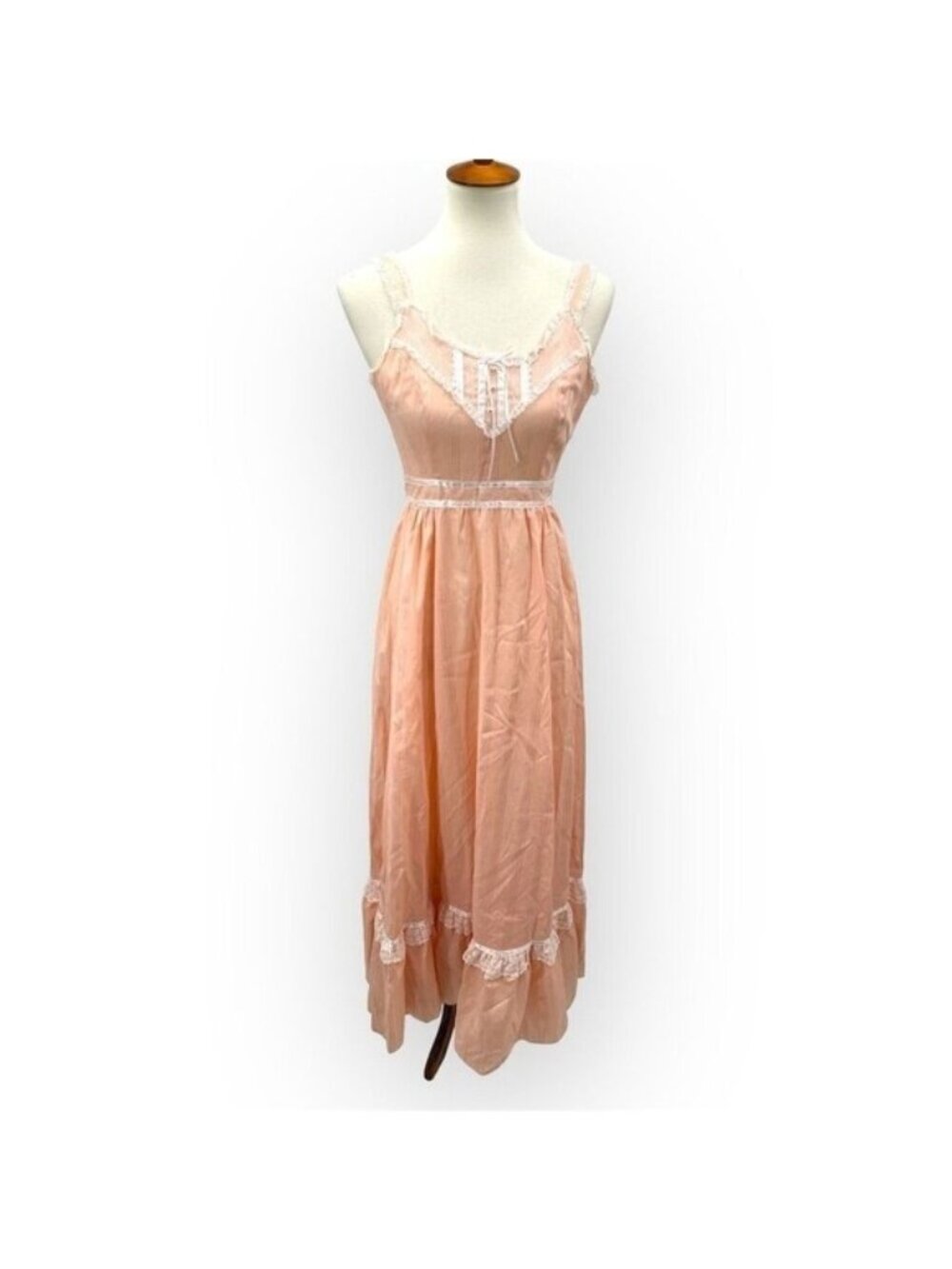 Vintage Gunnel Sax Peach Prairie Maxi Dress M Swiss Dot Lace Trim Ruffled Hem